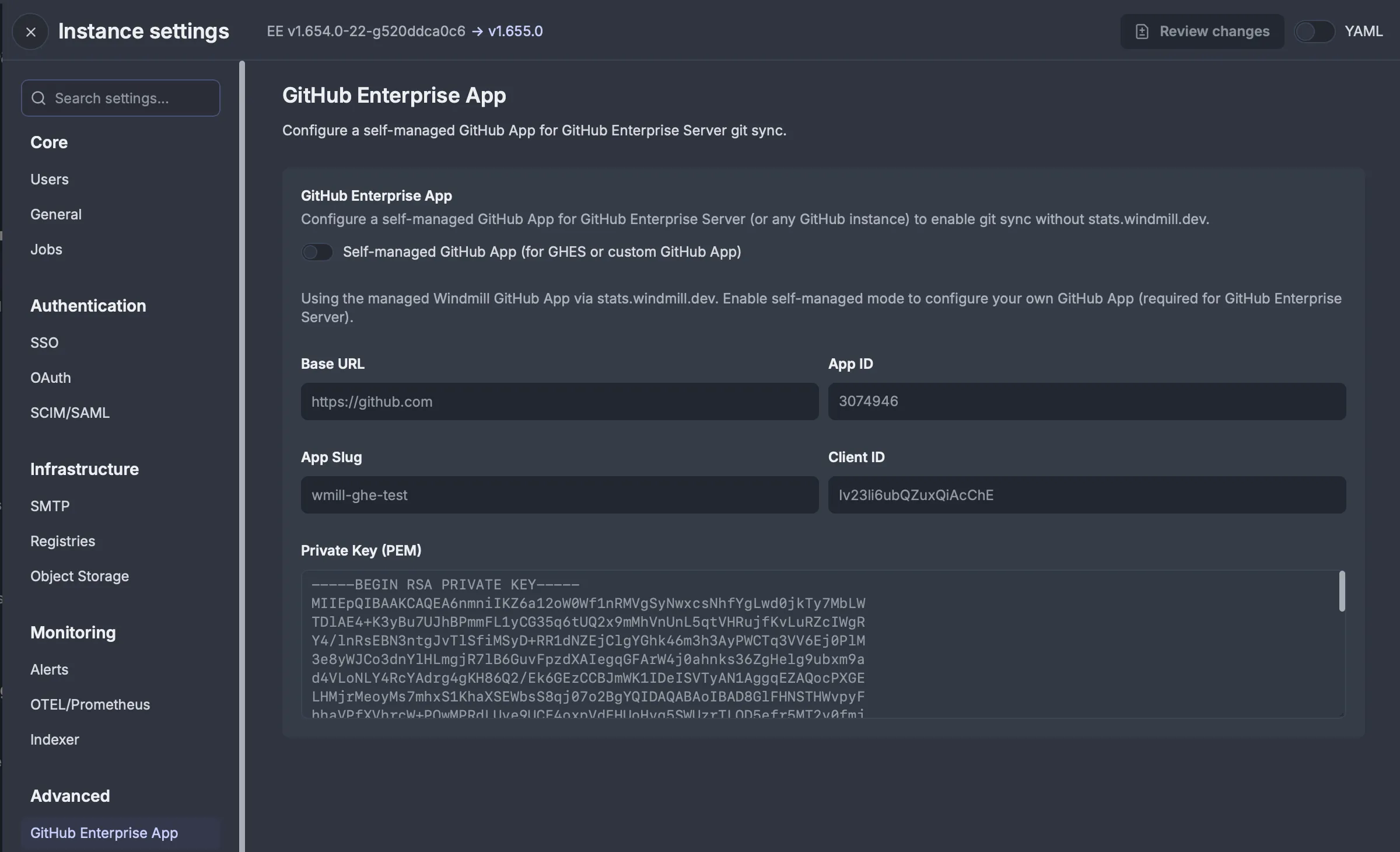 GitHub Enterprise App settings